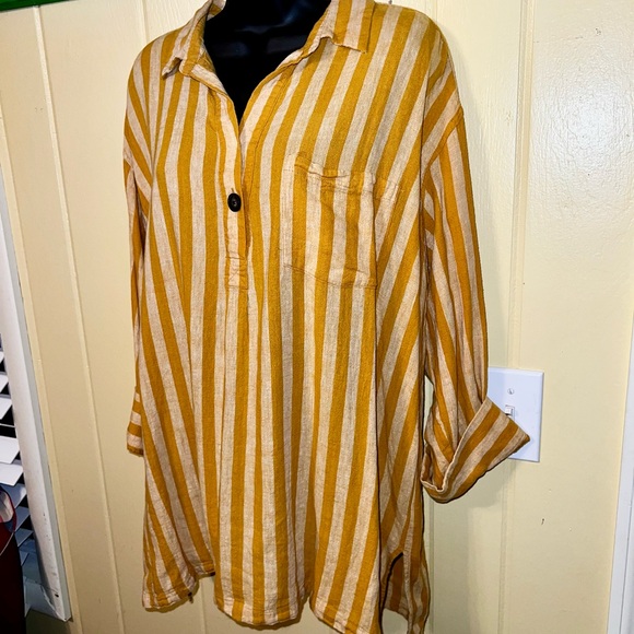 NWOT Old Navy Linen Blend Striped Mustard Yellow Popover Top Tunic Size XL - Picture 2 of 11